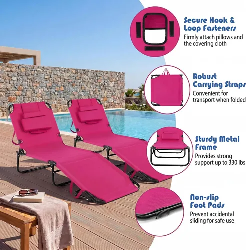 Miniatura 7 de Goplus Silla de bronceado, silla de playa plegable con agujero facial, almohada extraíble, correa de transporte, posición ajustable, silla