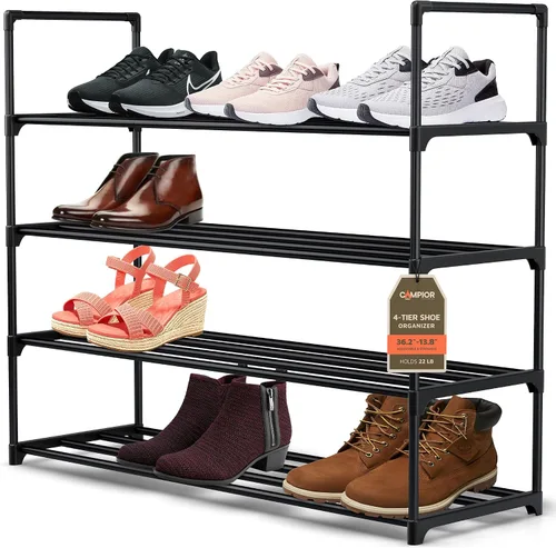 Miniatura 9 de Zapatero negro de 3 niveles, estante grande de 36 pulgadas con capacidad para 15 pares de zapatos, zapatero resistente para entrada, dormitorio