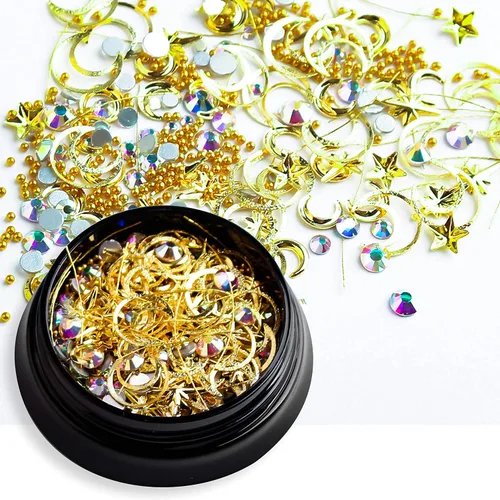 Miniatura 8 de 6 cajas de dijes de uñas 3D dorados, dijes de arte de uñas con parte trasera plana, joyas de diamantes de imitación para uñas, gemas de uñas