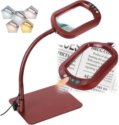 Miniatura 8 de Veemagni 12 lupas rectangulares con luz y soporte, lámpara de escritorio con luz LED de cuello de cisne flexible, 5 modos de color regulable