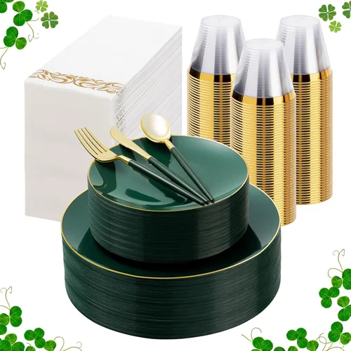 Miniatura 11 de 175 Piezas Juego de Vajilla de Plástico Verde Dorado, Platos Desechables Dorados para Fiesta, Incluye 50 Platos Verdes con 75 Cubiertos de Plástico