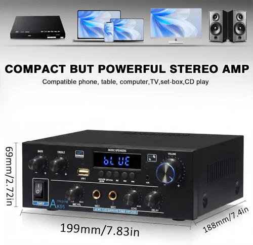 Miniatura 5 de WOOPKER AK55 Amplificador de audio estéreo con Bluetooth 5.0,450W Max Home 2.0 Canal Amplificador estéreo de potencia Sistema receptor para Karaoke