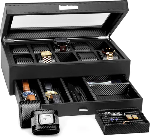 HOUNDSBAY Yachtsman - Caja de reloj grande organizadora de joyas para hombres, organizador de joyas con cuero vegano, tapa de cristal y cajón con