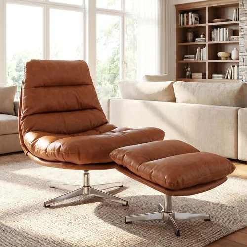 HNY Silla de salón giratoria marrón con otomana moderna silla de cuero sintético con reposapiés de 33 pulgadas de ancho, silla de lectura tapizada