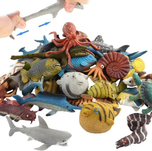 Paquete de 18 animales marinos surtidos, conjunto de juguetes de animales marinos de goma elásticos y flotantes, mini figuras realistas de vida