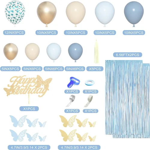Miniatura 3 de Amandir Blue Birthday Decorations for Women, Light Dusty Blue White Sand Metallic Gold Confetti Foil Balloons Happy Birthday Banner Butterfly Fringe