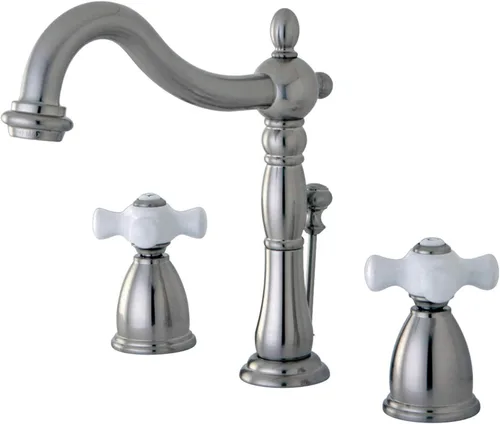 Kingston Brass KB1978PX Heritage - Grifo de lavabo con mango cruzado de porcelana, níquel cepillado, centro ajustable de 8 pulgadas cepillado níquel