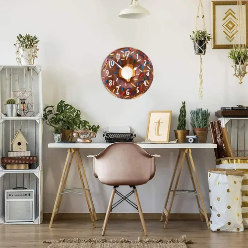 Miniatura 6 de Reloj de pared redondo de madera con forma de dona y alimento, movimiento de barrido, reloj de pared de estilo moderno, adecuado para dormitorio