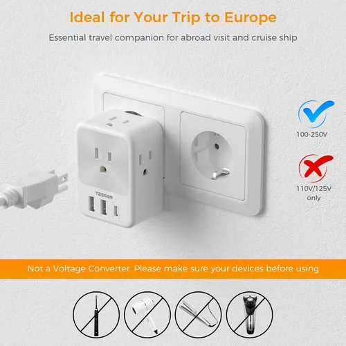 Miniatura 6 de TESSAN Europe - Adaptador de enchufe de viaje europeo, 2 unidades, adaptador de corriente internacional con 4 tomas de corriente, 3 puertos de carga
