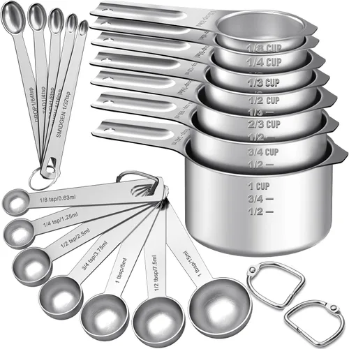 EWFEN Juego de tazas y cucharas medidoras, 7 tazas medidoras de acero inoxidable y 7 cucharas, 5 mini cucharas medidoras y 2 anillos desmontables,