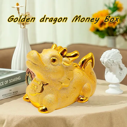 Miniatura 6 de Banco de dinero de dragón dorado, bonita caja de dinero, soporte para dinero familiar, almacenamiento de dinero de dragón, estatua de cerámica