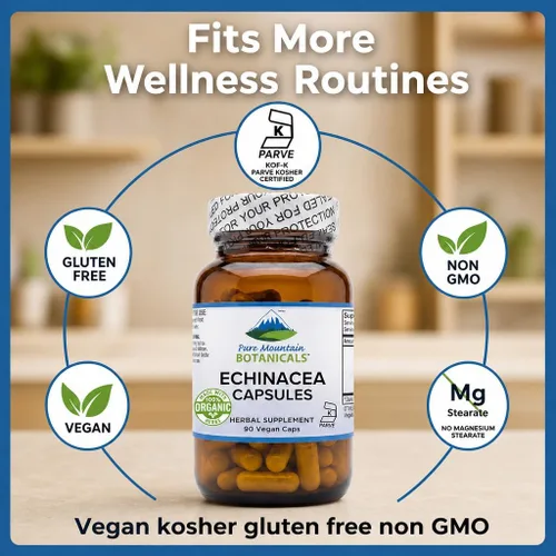 Miniatura 7 de Pure Mountain Botanicals Cápsulas de equinácea - Raíz orgánica de Angustifolia - 420 mg - 90 cápsulas - Suministro para 90 días - Suplemento Kosher