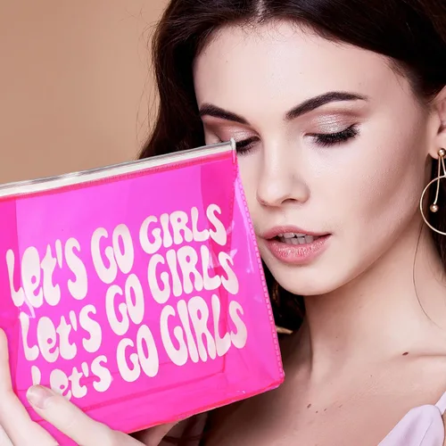 Miniatura 3 de Layhit 8 bolsas de maquillaje de despedida de soltera de color rosa con texto en inglés "Let's Go", suministros de decoración para niñas, retro
