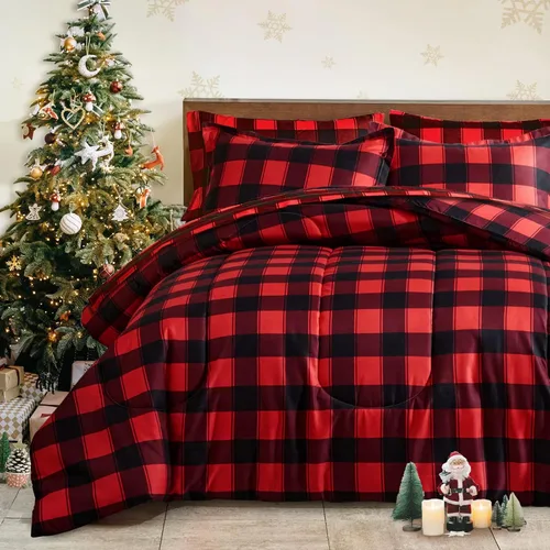 Juego de Edredón y Sábanas de Navidad Queen en una Bolsa, 7 Piezas, Cuadros Búfalo Gingham Rojo y Negro, Juego de Ropa de Cama Estilo Navideño (1