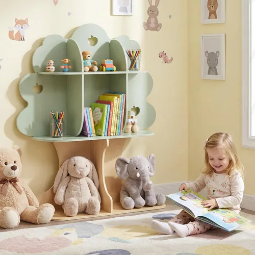 Miniatura 13 de Costzon Estantería elefante para niños, organizador de almacenamiento de juguetes de 3 niveles con pizarra, 5 cubos y juguete de ábaco de 3 filas