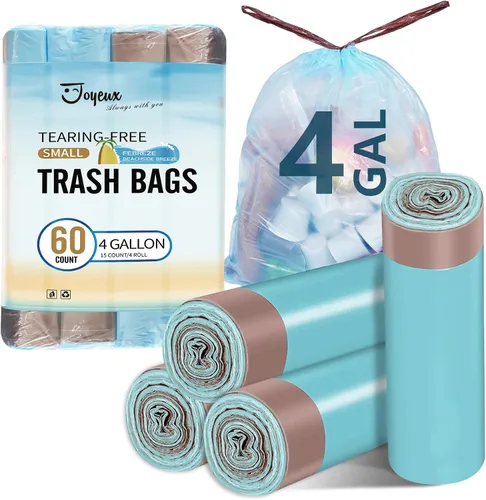 JOYEUX Bolsas de basura pequeñas de 4 galones, bolsas de basura con cordón para baño y cocina, aroma a brisa junto a la playa, 60 unidades