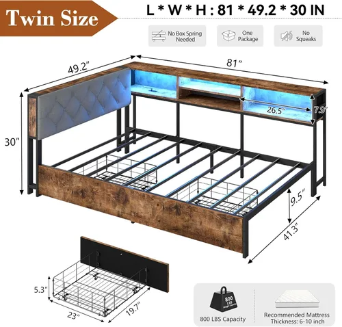 Miniatura 3 de Doltoro Marco de Cama de Esquina Individual con Estantería de Almacenamiento y Luces LED, Cama Diván Tamaño Individual con 2 Cajones de Gris