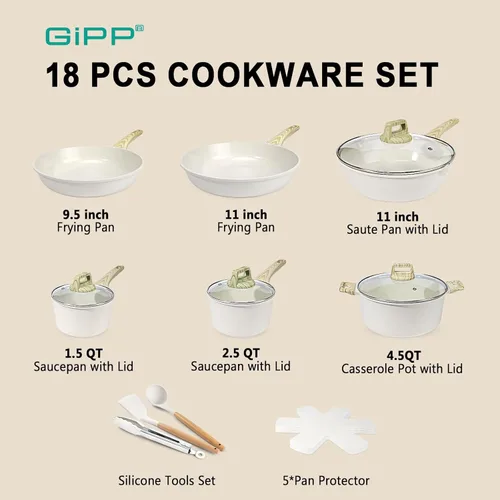 Miniatura 2 de GiPP Juego de ollas y sartenes de cerámica antiadherentes, juego de 18 utensilios de cocina antiadherentes, juego de cocina saludable no tóxico