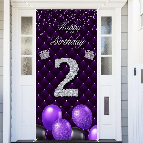 Miniatura 36 de Cartel morado de feliz primer cumpleaños telón de fondo para cabina de fotos, globos de corona plateada, decoración temática para niña, aniversario