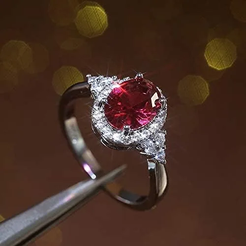 Miniatura 2 de Sdouefos Anillo de compromiso para mujer de plata de ley 925, con microincrustaciones de rubí oval, color rojo (6)