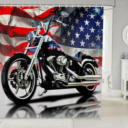 Cortina de ducha de motocicletas de carreras para niños, vehículos de bicicleta de tierra, bandera americana, juego de cortinas de ducha para Color