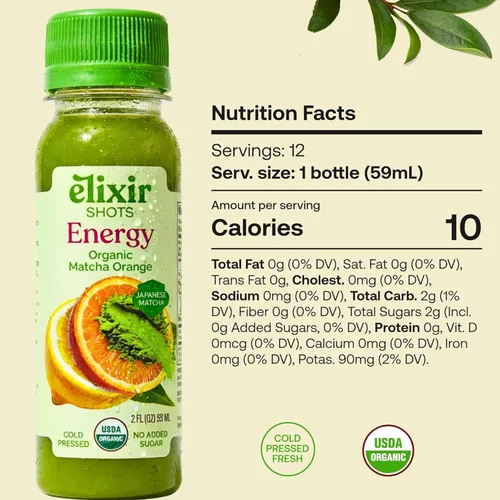 Miniatura 2 de Elixir Shots Energy Wellness Shot con ingredientes 100% orgánicos, matcha, naranja, menta, vinagre de sidra de manzana, prensado en frío, sin