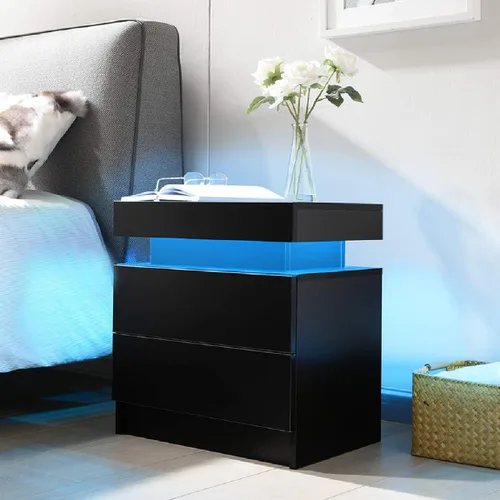 Miniatura 7 de Mesita de noche LED para dormitorio, moderna madera con 2 cajones, mesita de noche negra y dorada, mesa auxiliar con luz LED ajustable