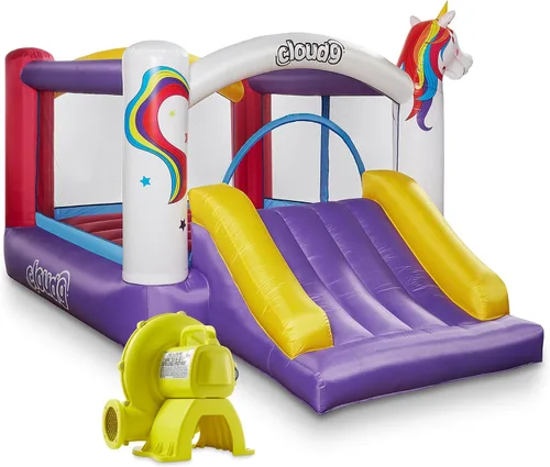 Cloud 9 Casa inflable de rebote y soplador, gorila con temática de unicornio para niños con tobogán, incluye estacas y parches de reparación