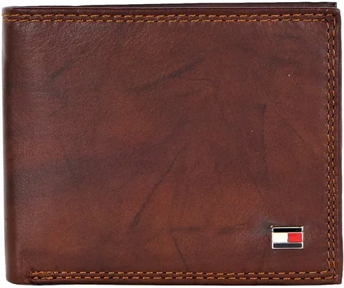 Tommy Hilfiger Cartera de piel auténtica para hombre con ventana de identificación y múltiples ranuras para tarjetas