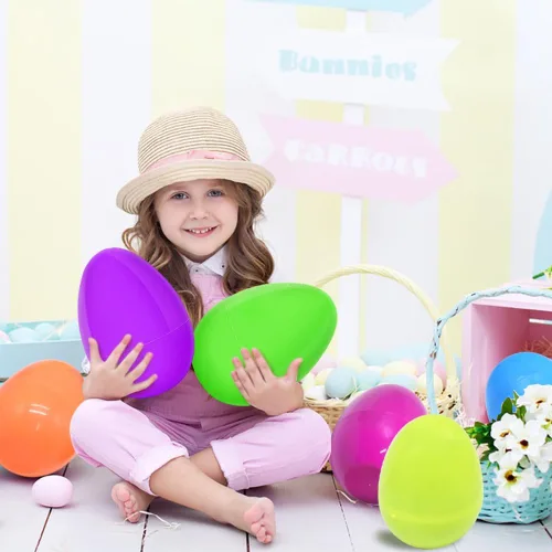 Miniatura 6 de LUKBERA Huevos de Pascua brillantes de plástico jumbo, 12 unidades, 6 pulgadas, rellenables, varios colores sólidos, huevos sorpresa vacíos