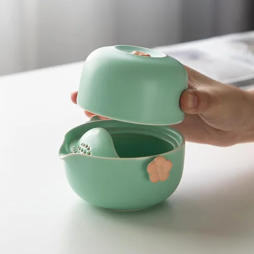 Miniatura 8 de HEER Travel Gaiwan - Juego de té para uno, juego de tazas de tetera portátil de porcelana, diseño de flor de ciruelo, regalo para mujeres (azul)