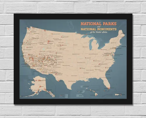 Miniatura 8 de Póster de mapa de parques y monumentos nacionales de EE. UU., 18 x 24 pulgadas, color marrón y azul pizarra
