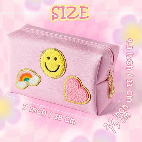 Miniatura 2 de LieToi Preppy Patch - Bolsa pequeña de aseo personal, piel sintética, portátil, impermeable, para maquillaje, bolsa de almacenamiento para uso Rosa