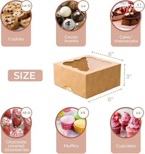 Miniatura 2 de Paquete de 20 cajas de galletas para regalo, cajas de panadería de 6 x 6 x 3 pulgadas con ventana, recipientes pequeños extragruesos para galletas
