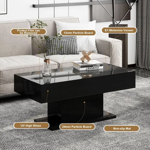 Miniatura 7 de HedoAjim - Mesa de café LED para sala de estar, mesa rectangular central de sala de estar, mesas de café modernas de madera con alto brillo y luces