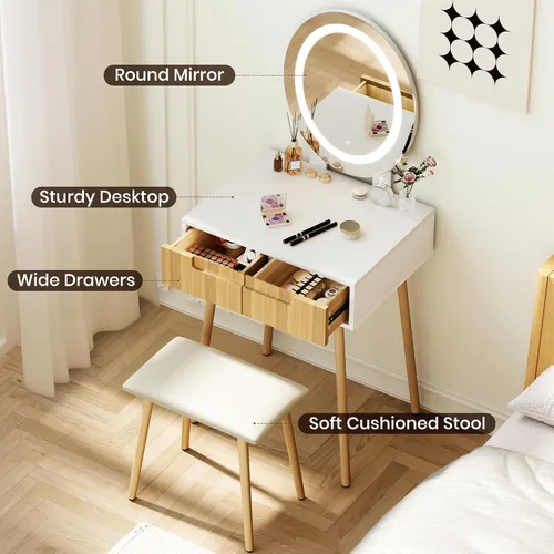 Miniatura 8 de Tocador pequeño con espejo y luces, tiradores de madera con taburete acolchado, 3 modos de iluminación, mesa redonda de maquillaje con rieles