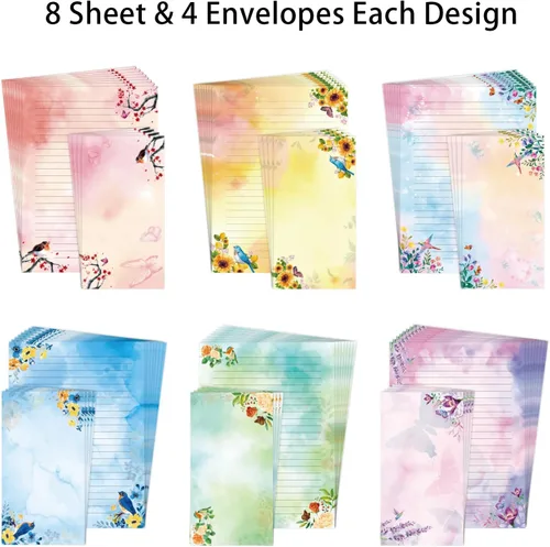 Miniatura 6 de Juego de papel estacionario y sobres forrados con diseño de pájaros florales y acuarelas, con papel de escritura de letras forradas, 48 hojas + 24