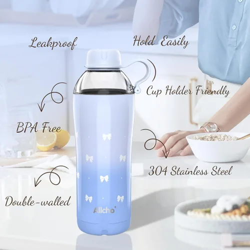 Miniatura 5 de Bow - Botella de agua aislada para mujeres, botellas de agua de acero inoxidable de 18 oz, de doble pared, 2 tapas (para beber y vaso) - Hidrata