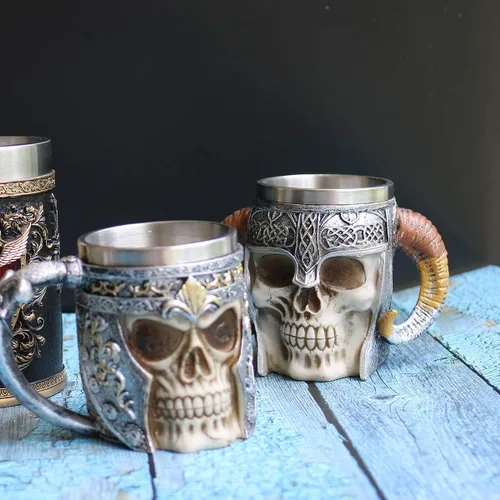 Miniatura 6 de Taza de café de calavera de 13 onzas, tazas de cerveza con calavera vikinga, revestimiento de acero inoxidable, regalo para hombres, regalos del día