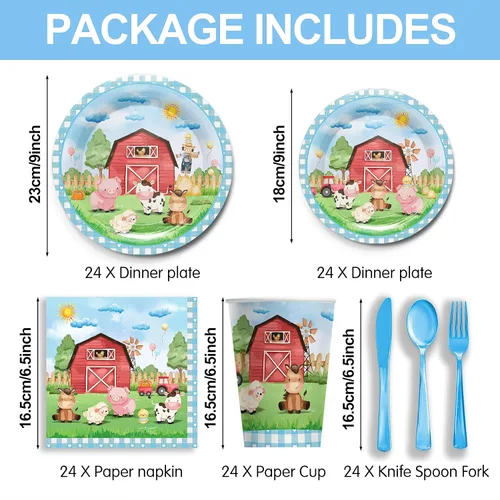 Miniatura 2 de Juego de 168 platos para fiesta de cumpleaños de granja, decoraciones de fiesta de animales de granja, incluye platos de vaca, vasos, servilletas