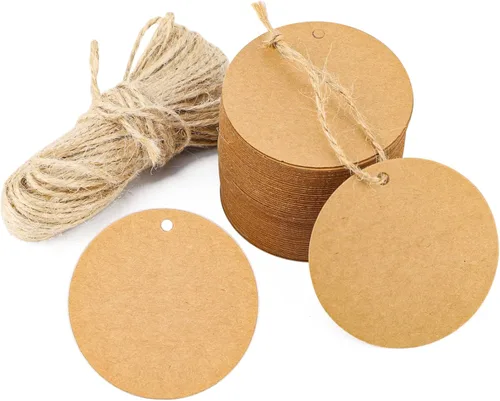 Segarty Etiquetas de regalo circulares – 100 etiquetas de papel kraft marrón redondas gruesas para colgar con cordel de yute de 65 pies para Marrón