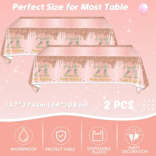 Miniatura 6 de 62 piezas de decoraciones de cumpleaños número 21 para niñas y ella, suministros de fiesta de cumpleaños de oro rosa incluyen 40 platos, 20