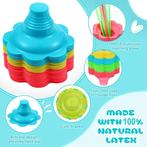 Miniatura 3 de Skylety Juego de 100 tazas de cono de nieve de flores coloridas con cucharas y pajitas, cuenco de cono de nieve de 8 onzas, cuencos de plástico