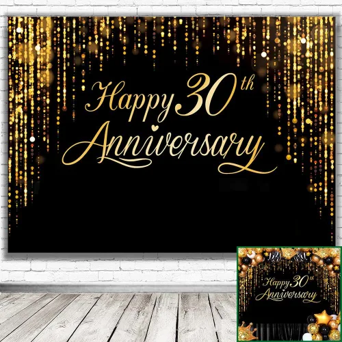 Miniatura 3 de Pancarta de Feliz 30º Aniversario - Póster de Fotografía Negro Dorado para Decoración de Bodas y Fiestas de Cumpleaños