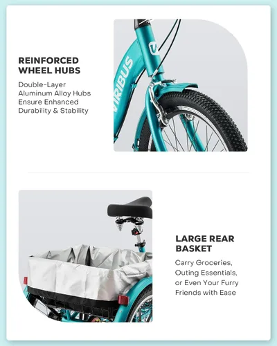 Miniatura 6 de VIRIBUS Triciclo plegable para adultos, triciclo plegable de 20 pulgadas para adultos de 1 o 7 velocidades con cesta, bicicletas plegables de 3