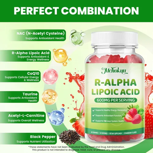 Miniatura 3 de Gomitas de ácido alfa lipoico R, ácido R-alfa lipoico estabilizado, suplemento ALA para apoyo antioxidante y metabolismo, veganas, sin OMG, sin