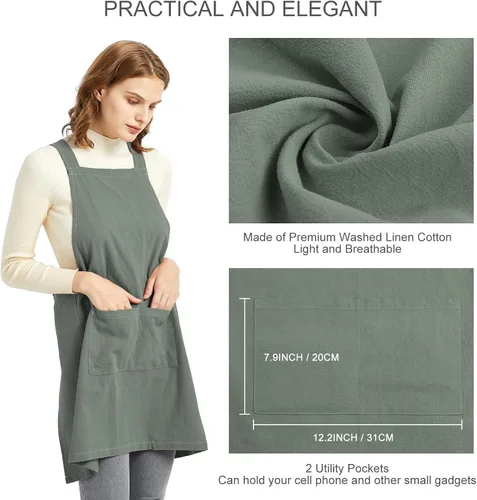 Miniatura 4 de ELEZAY Delantales para mujer con bolsillos, talla grande, cómodo, espalda cruzada, sin lazo, delantal de lino y algodón Verde
