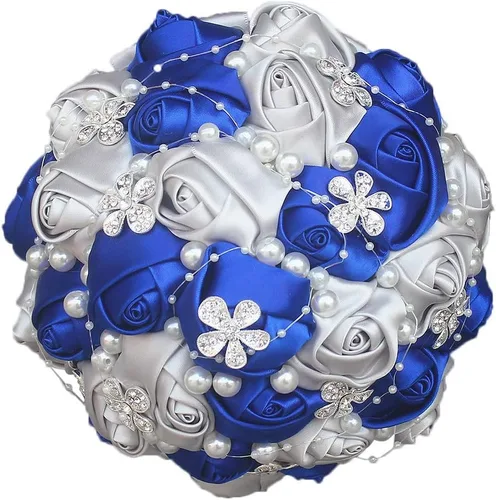 Miniatura 7 de Sharebeauty Ramo de novia de satén hecho a mano de 5.9 pulgadas, ramo de boda, ramo de flores artificiales, color azul claro + blanco W224
