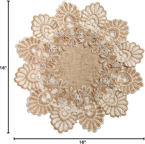Miniatura 8 de Manteles europeos de encaje jacquard antiguo, pequeño, de lino bordado de granja, bufanda, mantel rústico (forma de flor, diámetro de 15.7 pulgadas)