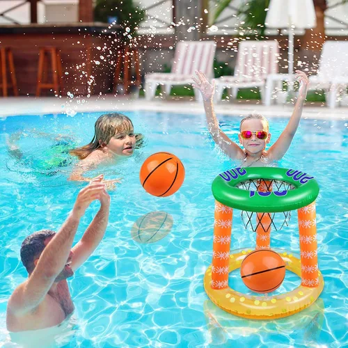 Miniatura 5 de Juego de 8 anillos inflables, aro de baloncesto inflable, juego de lanzamiento de cactus, juego de lanzamiento cruzado y 2 pelotas de baloncesto